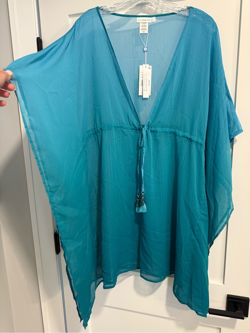 Bleu Rod Beattie Teal Sheer V-Neck Swim Cover-Up, Size L NWT